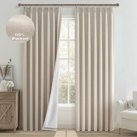 Topfinel 100% Percent Blackout Sliding Glass Door Curtains 120 Inches Long 2 Panels,10 Foot Theater Floor to Ceiling Track Drape Linen Drop Cloth Traverse Curtains Farmhouse Beige (Hook,Rings Include)