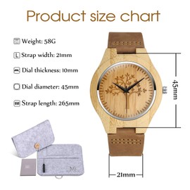 MICGIGI Men's Women's Analogue Quartz Wooden Watch Tree Pattern Bamboo Wood Watch with Leather Strap, Strap.