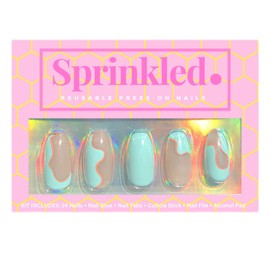 Short Oval Reusable Press On Nails - Sprinkled Nude Almond Green French Tip Gel Glossy Glue Stick On Nails 12 Sizes 24 Nails (Macaroon)