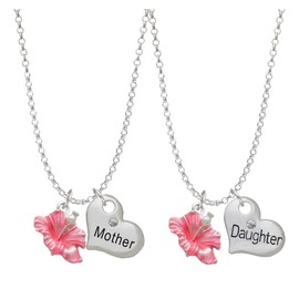 Delight Jewelry Silvertone Hot Pink Hibiscus Flower Mother & Daughter Heart Necklaces (Set of 2), 19"+2"