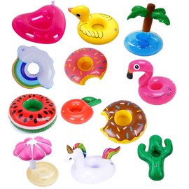 Pack of 12 Inflatable Drink Holders, Floating Drink Holder with Repair Patches, Mini Flamingo Palm Tree Drink Holder for Pool Cup Holder