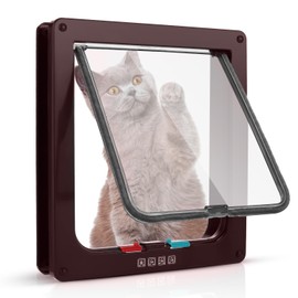 Sailnovo Cat Door 19 x 20 x 5.5 cm, Brown, Size M, Cat Door with 4-Way Locking for Indoor and Outdoor Doors, Weatherproof Pet Door