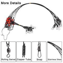 Fishing Leader Rigs Saltwater Tackle Rigs with Swivels Snaps, High Strength Wire Leaders Rigging Surf Fishing Gear Equipment for Lures Bait Hooks Catfish Walleye, Black, 1arm, 24pcs