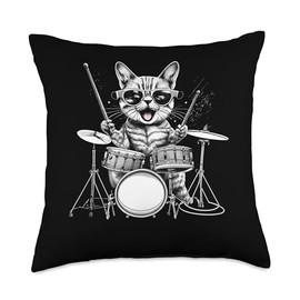 Animal Drummer Apparel Kitten Rock Band Drummer Cat Playing Drums Throw Pillow, 18x18, Multicolor