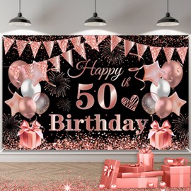 50th Birthday Decoration Banner, 50th Black Rosegold Birthday Backdrop Banner Photo Booth Sign Decorations, Extra Large Fifty Birthday Banner Background for Women 50th Birthday Party Supplies