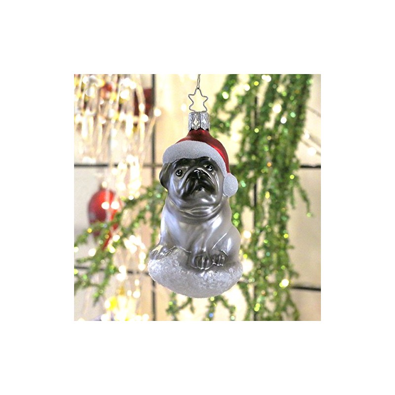 Inge-glas® IG-1-013-16 Christmas Hanger Pug with Santa Hat