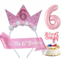Dimetey 6th Birthday Decor for Girl,Pink Birthday Sash & Flower Headband Crown Set for Girl Princess Party Outfit Accessory (Pink 6th)