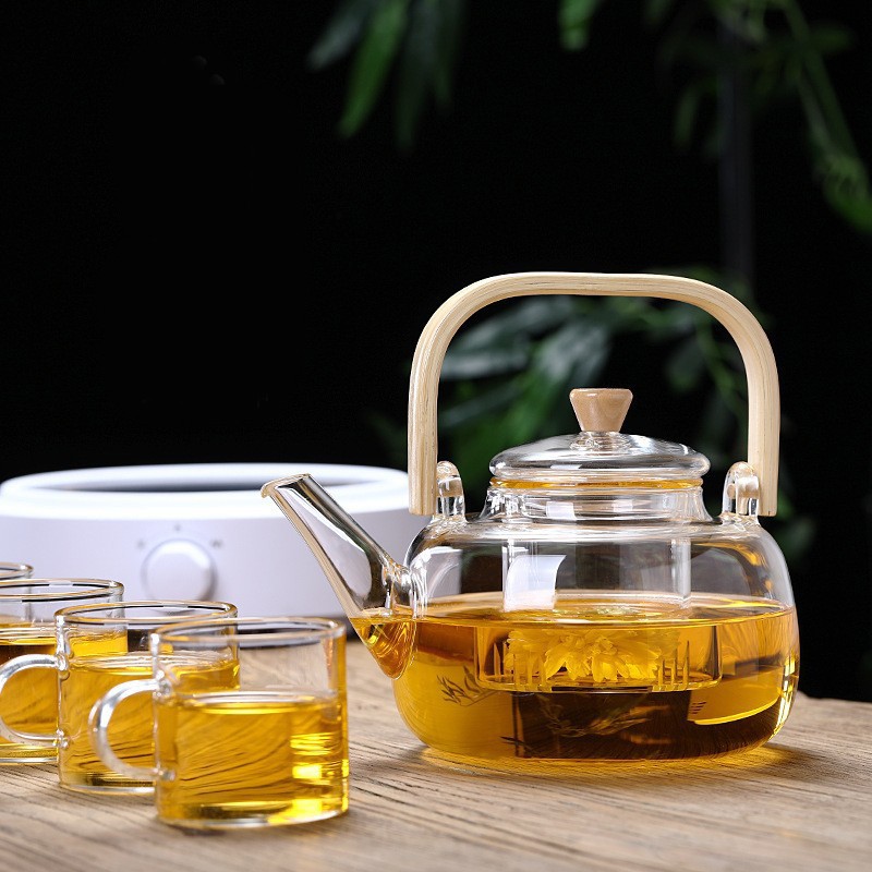 Household Teapot 1000ml Large Capacity Multifunctional Borosilicate Teapot with Bamboo