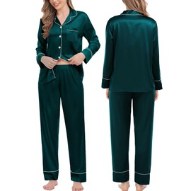 SWOMOG Couples Matching Pajamas Sets Silk Satin Long Sleeve Pj Set Soft Button Down Sleepwear 2 Pcs Loungewear Women Deep Green Large