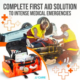 JJ CARE Trauma kit 250PCS First Responder Kit, EMT Bag with Padded Strap, Reflective Medical, Multiple Pockets, EMS First Aid Kit