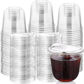 100 Sets Disposable Stemless Glasses With Strawless Sip Lids,PET Drinking Cups,Clear Plastic Coffee Cup for Iced Coffee, Smoothie, Cold Beverage, Drink Shop and Christmas Party Supply (Clear, 12 oz)