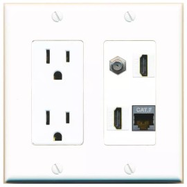Wall Plate City CAT7 COAX 2 HD Port Wall Plate w/Power Outlet White