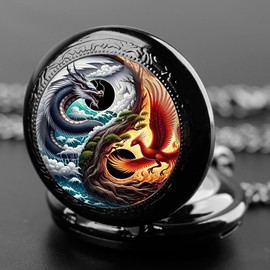 YIHAOYH Vintage Pocket Watch for Women Men Graphic Design Quartz Pocket Watches with Chain Pendant Christmas Birthday Gift with Box (Phoenix Dragon)