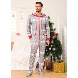 Veseacky Family Christmas Pajamas Matching Sets Onesie Zipper Hooded Footed One-Piece Pjs Jumpsuits for Men (Grey, XXL)