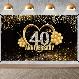 Yoaokiy Happy 40Th Anniversary Banner Telón De Fondo Decoraciones, Large 40 Wedding Anniversary Background Sign Decor, Black Gold 40 Year Anniversary Photography Photo Props Suministros para Fiestas
