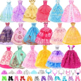 Miunana 27-Piece Set of Clothes and Jewellery Accessories for Dolls, 10 Wedding/Party/Evening Dresses, 5 Pairs of Shoes, 6 Chains and 6 Crowns