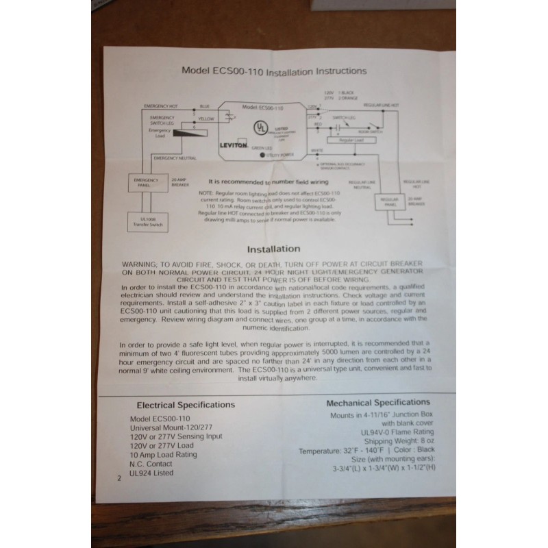 Leviton ECS00-110 Emergency Power Control, Switching Load Transfer, Shunt Relay