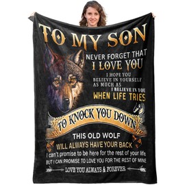Zymuegist Gifts for Son Throw Blanket 150x130CM, To My Son Wolf Blanket Gift from Mom & Dad, Teenage Boy Gift Perfect for Birthday, Valentine's Day, Graduation, Christmas (150x200CM, Son Gift)