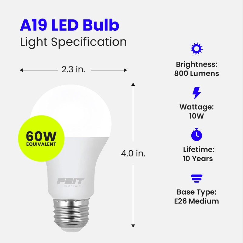 Feit Electric A19 LED Light Bulbs, 60W Equivalent, Non-Dimmable, 800
