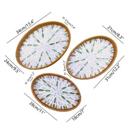 i- lan 3Packs Rattan and Mother of Pearl Oval Serving Trays, 13inch,12inch and 11inch Table Oval Serving Platters, Woven Basket Inlaid Mother of Pearl Plates for Home Décor, Coffee Table, Display