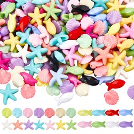SUNNYCLUE 300 Pieces 3 Styles Acrylic Beads with Beach Motif Small Fish-Shaped Beads Opaque Various Colourful Starfish Shells Sea Animals Summer Spacers Loose Beads for Jewellery Making