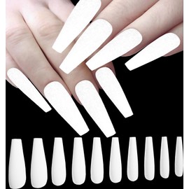 LoveOurHome 100pc Coffin Press on Nails Long Fake Nails White Matte Full Cover False Nails Press ons Artificial Nail Medium Ballerina Fake Fingernail Presson on Nail Tips for Women Kids Girls