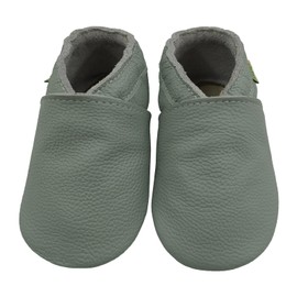 SAYOYO Soft Sole Leather Baby Shoes, Non-Slip Moccasins for Boys and Girls, Slip-on First Walking Slippers with Elastic Ankle for Infant and Toddler, 17/18 (0-6 Months) S, Gray Green
