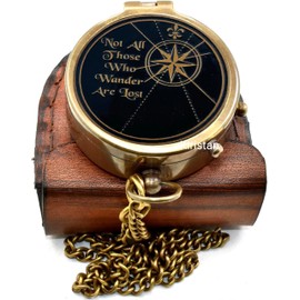 Vintage Brass 2 Inch Compass Not All Those Who Wander are Lost | Engraved Pocket Chain Compass with Leather Case for Outdoor Hiking Traveling Use