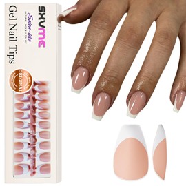 Gel French Tip Nails Short Coffin French Tip Press on Nails SXVME White French Nail Tips 300Pcs Pre-applied Tip Primer Natural Brown Fake Nails Extensions Gel Nail Kit for Women Girls DIY