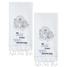 Split P The World is Your Oyster Decorative Dishtowel Pair of 2, Cute Printed Kitchen Towels for Beach and Coastal Decor Styles, Embroidered Dishcloths with Fringe for Special Decoration in Kitchen