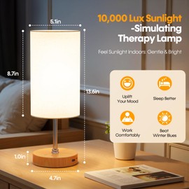 NIORSUN Light Therapy Lamp,10000 Lux Sun Lamp with Remote,3 Color Temperatures & Stepless Dimming,Happy Sunlight Lamp with USB C & A Ports,UV-Free Full Spectrum Light for Home, Office