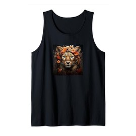 Leopard With Flowers Around Boho Style Graphic Tank Top