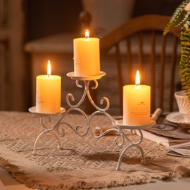 SOFE Rustic Fireplace Candelabra Candle Holder, 3 Arm Pillar Candle Holders, White Cast Iron Candle Holder for Inside Mantel Decor, Scroll Candle Stand for Home, Event, Wedding, Table Center Piece
