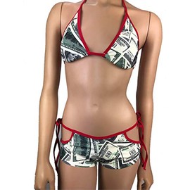 Exotic Dancewear Triangle Bikini Top Boyshorts Tie Side Scrunch Butt Bottom Rave Outfits Polefit Hundred Dollar Bill Money Print Booty Short (2 Piece Set)