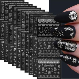 30 Sheets Silver Nail Sticker Silver Lace Nail Art Stickers Silver Retro Flower Star Moon Heart Cat Design 3D Self-Adhesive Nail Sticker Decals Nail Supplies for Women Girls DIY Nail Art Decoratio