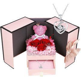 ELEUTH Rose Moss Bear Gifts for Mum, Real Eternal Rose Gift Box with Necklace, Preserved Rose Flower Box, Mother's Day Gift for Mum, Women, Wife, Girlfriend, Grandma, Valentine's Day, Anniversary,