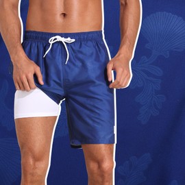 Nonwe Men's Swim Trunks Quick Dry Classic Solid Bathing Suit with Compression Liner and Pockets Deep Blue 34