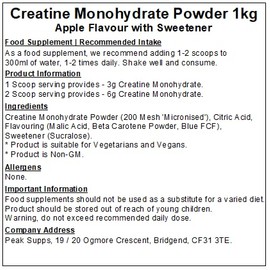 Peak Supps Creatine Monohydrate Powder - Apple Flavour - Micronised (1kg)