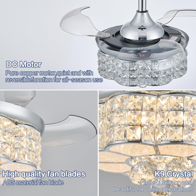Zynfandor 30" RGB Crystal Retractable Ceiling Fan with Light Dimmable