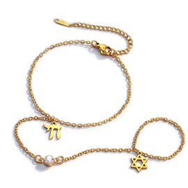 Pregeckit Vintage Hand Chain Bracelets for Women Star of David and Chai Hebrew Bracelets Stainless Steel Cubic Zirconia Link Chain Bracelets Jewish Religious Jewelry (gold)