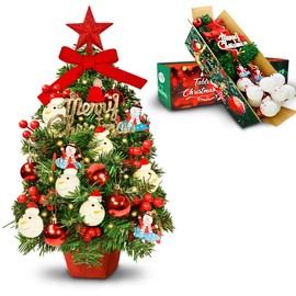 2ft Tabletop Mini Christmas Tree, 24 Inch Small Artificial Christmas Tree with Warm LED Lights, Star Treetop, DIY Ornaments, New Xmas Pine Tree Decoration for Kid Friend Family Holiday Home Office