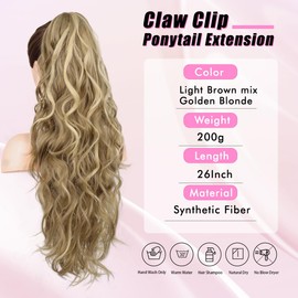Ponytail Extension, Claw Clip Ponytail Extension Long Wave Ponytail Extensions for Women Fluffy Natural Synthetic 26 Inch Hairpiece for Daily Use(Color:Light Brown mix Golden Blonde）