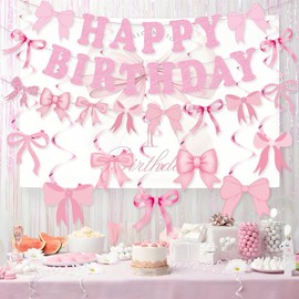 Bow Birthday Party Decorations - Pink Bow Birthday Banner Bows Hanging Swirls for Pink Bows Theme Birthdays Party Decor - Coquette Birthdays Decorations