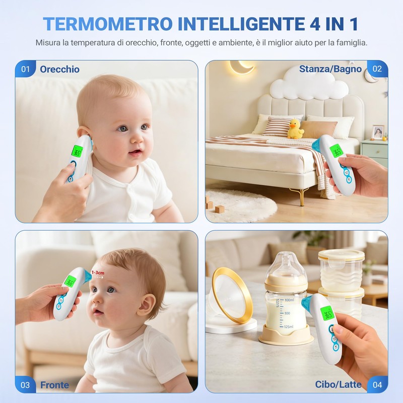 BESTEK Termometro Febbre Doppia Modalità (Frontale/Auricolare),Termometro Neonato per Oggetti, Termometro