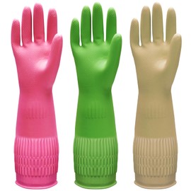 Bamllum Bamllum 3 Pairs of Rubber Dishwashing Gloves for Kitchen and Household Cleaning – Long Cuff 15", Reusable, Flexible Long-lasting and Non-Slip (Red+Yellow+Green, Large)