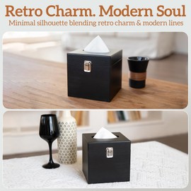 Black Tissue Box Cover Square - Wooden Tissue Box Holder with Retro Metal Switch, Toilet Paper Holder, Solid Wood Countertop Bathroom Accessories, Home Decor for Living Room