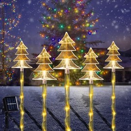 Christmas Snowflake Pathway Lights, 5 Pack Solar Christmas Stake Markers with Cool White Fairy Lights for Outdoor Holiday Walkway Patio Garden Christmas Decorations (Warm White-Tree)