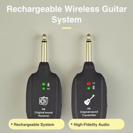 Rechargeable Wireless Guitar System, 2 Counts/set Black Uhf Audio Built in Rechargeable Wireless Guitar Transmitter Receiver, Music Accessories for Electric Guitar Bass, Wireless Mic Receiver, Wireless Remote
