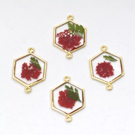 6PCS Gold Tone Queen Anne's Lace Flower Resin Hexagon Charm Connector GYX851
