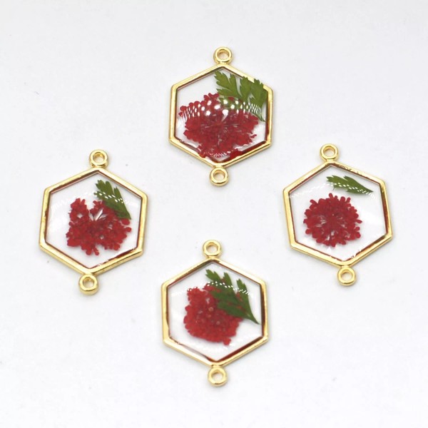6PCS Gold Tone Queen Anne's Lace Flower Resin Hexagon Charm